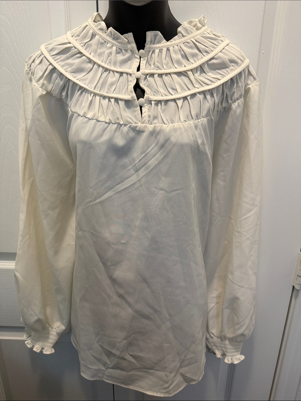 Cato Cream Ruffled Yoke Long Sleeve Blouse